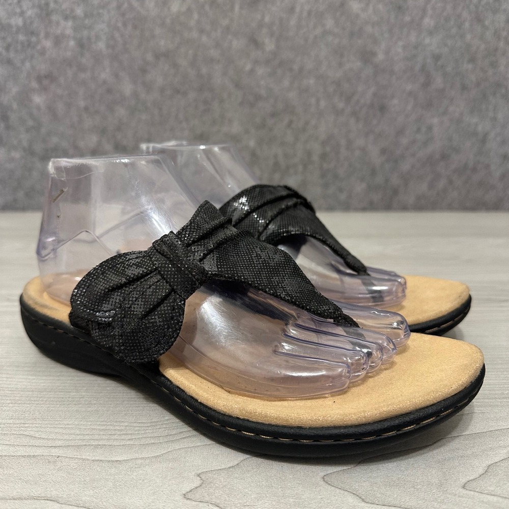 Clarks Laurieann Rae Sandals Womens 8.5 Black Glimmer Toe Post Flat Comfort Bow